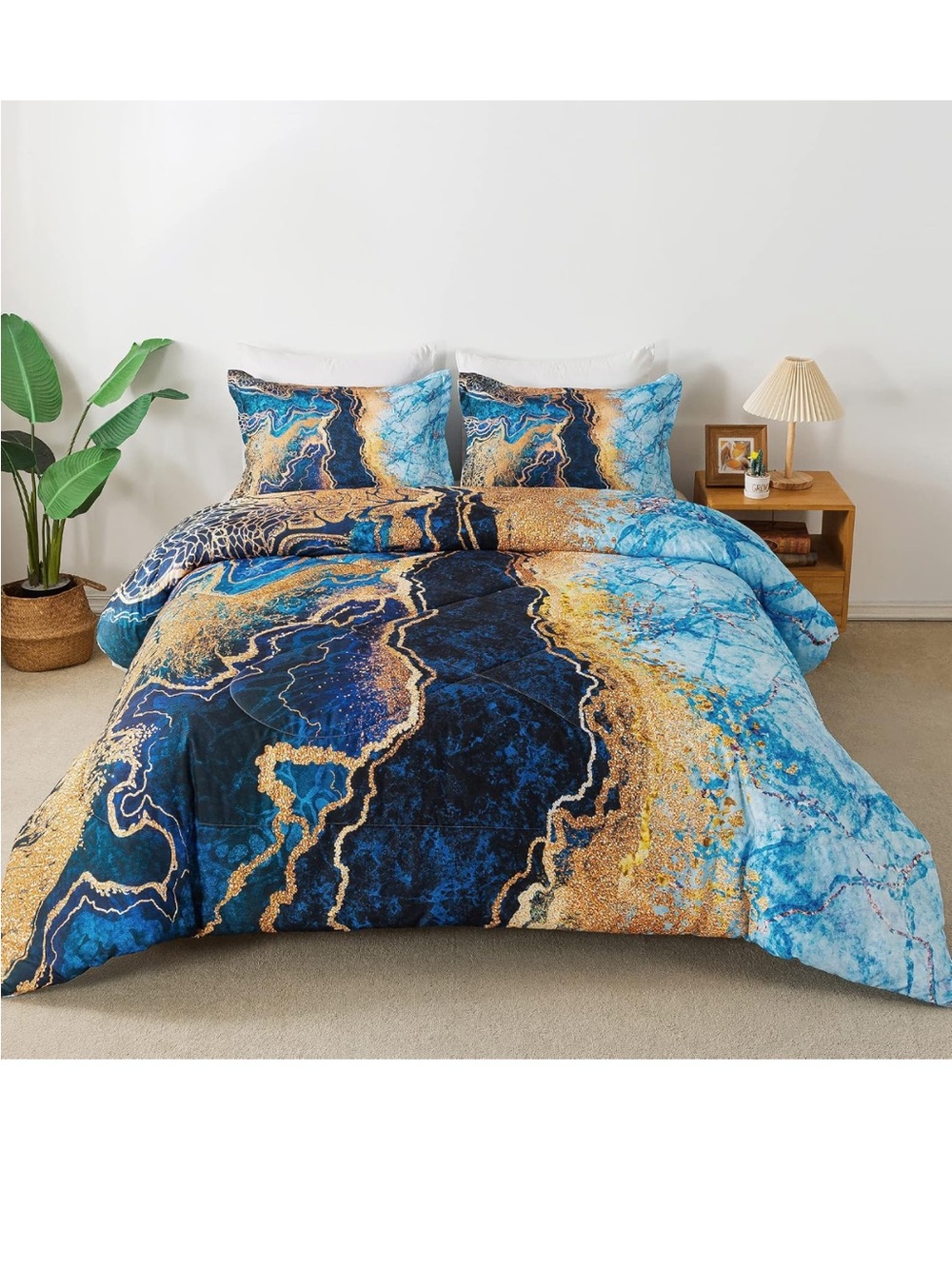 Blue & Gold Marble Quilted Comforter Set - 2 shams + comforter